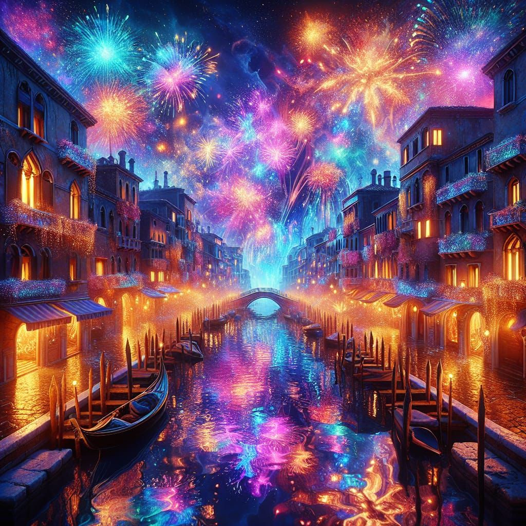 Fireworks Over Venice Canal in Fantasy Art Style