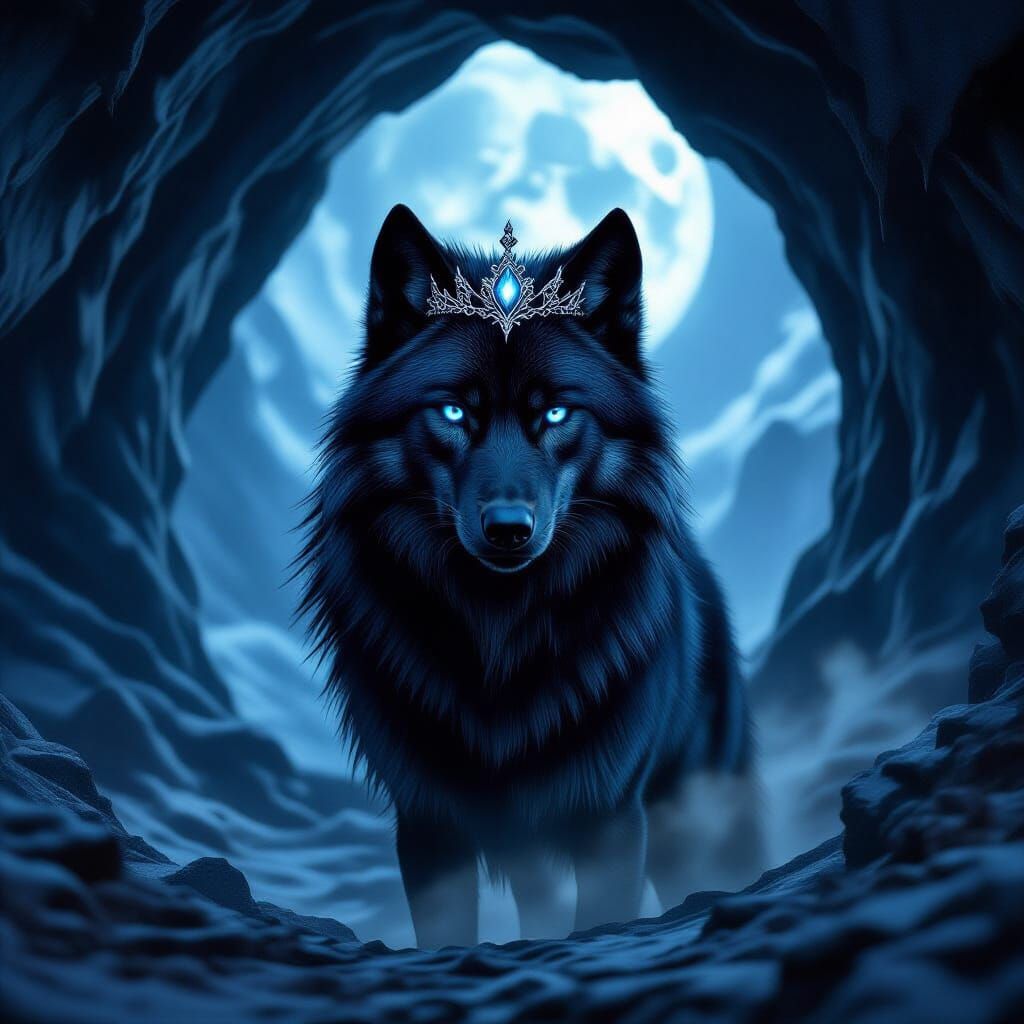 Majestic Obsidian Wolf Guardian of a Magical Cave