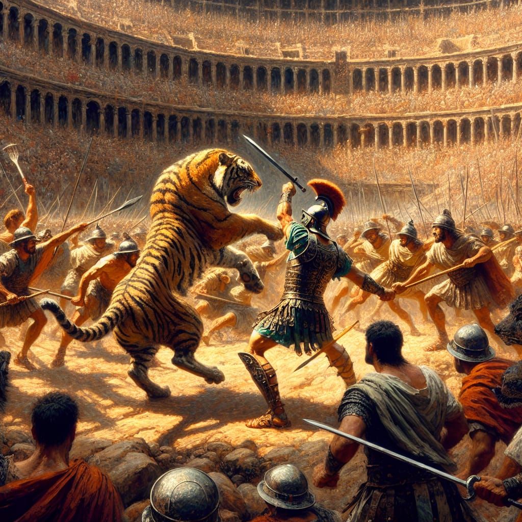 Gladiator and Tiger Battle in Roman Coliseum as Impasto Pain...