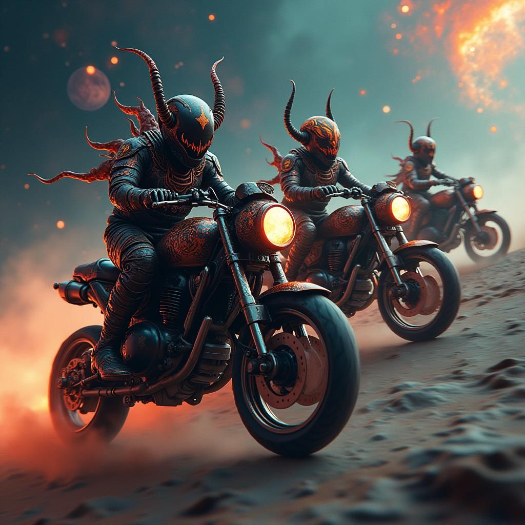 Demonic Bikers Speeding Through Dystopian Galaxy