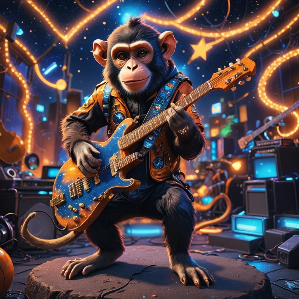 Monkey Rocks Out in Cat Costume Under Neon Sky