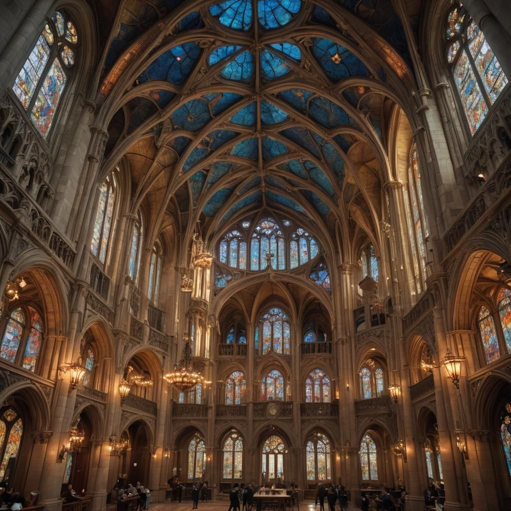 Art Nouveau Gothic Grand Hall with Stained Glass