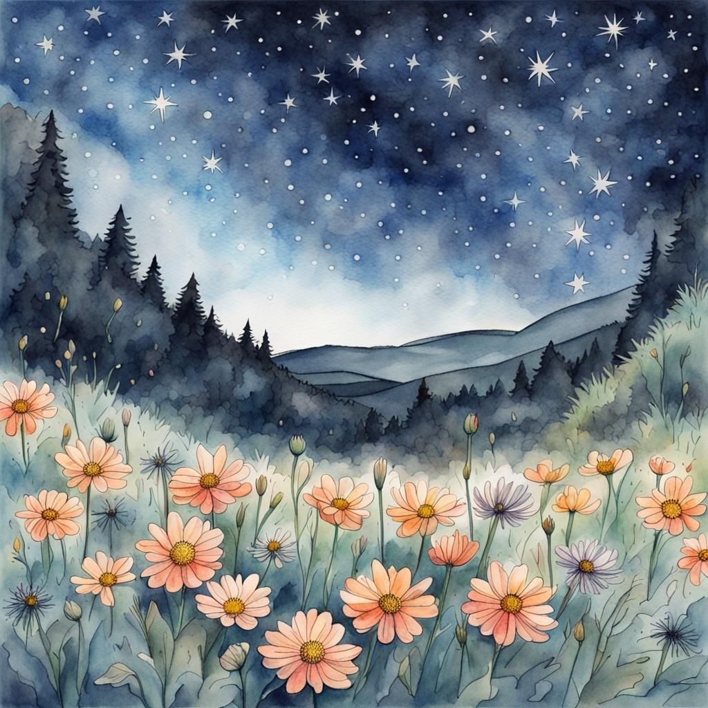 Starry Night Sky Over Flower Field Watercolour