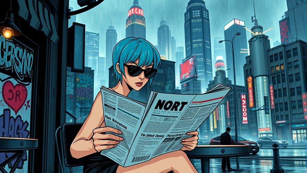 Mysterious Woman in Rainy Cafe, Film Noir Style