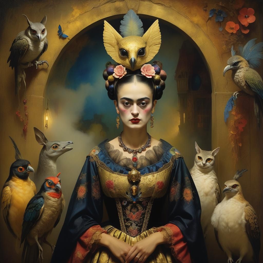 Mystical Creatures in Haunted House: Surreal Portrait