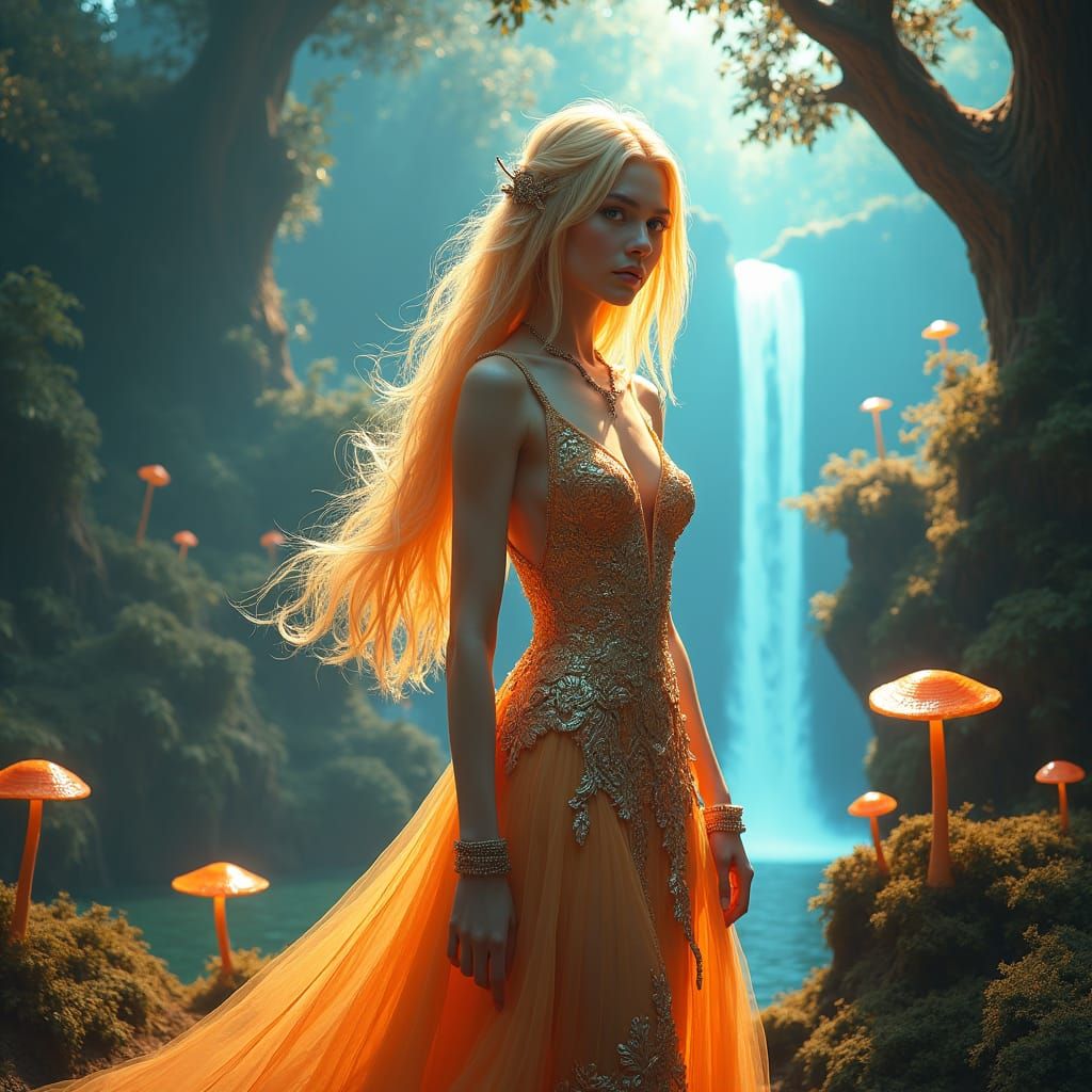 Ethereal Golden-Haired Woman in Mystical Landscape