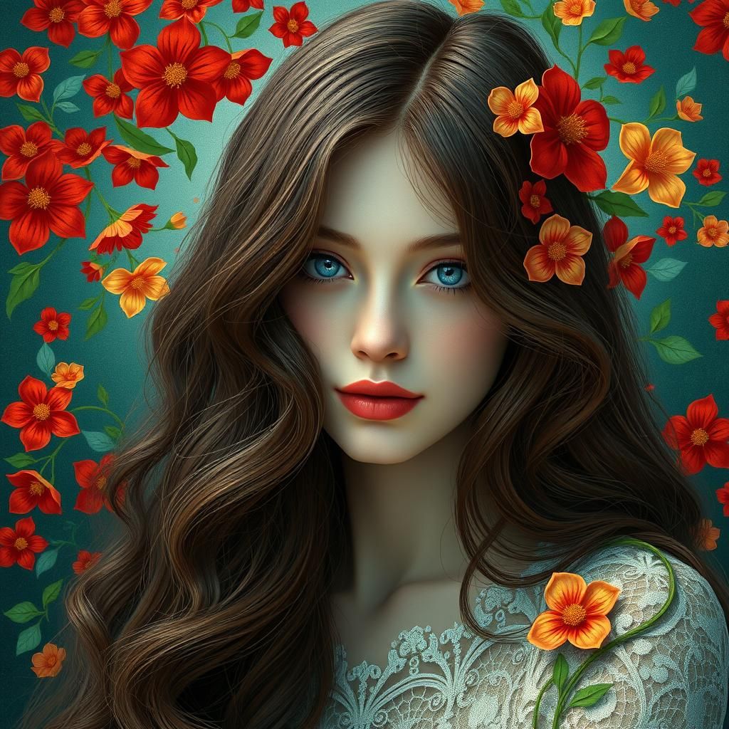 Woman with Flowers in Art Nouveau Style