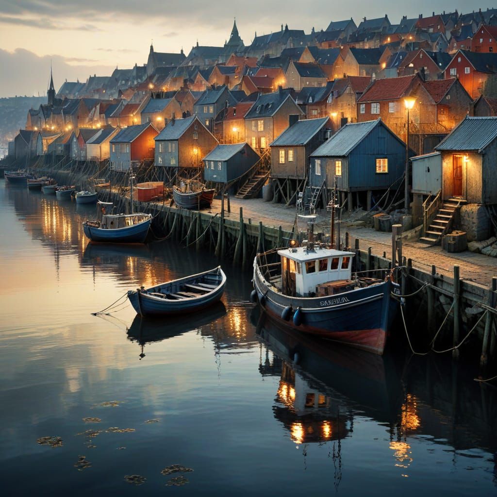 Danish Fishing Harbor at Evening in Whimsical Style