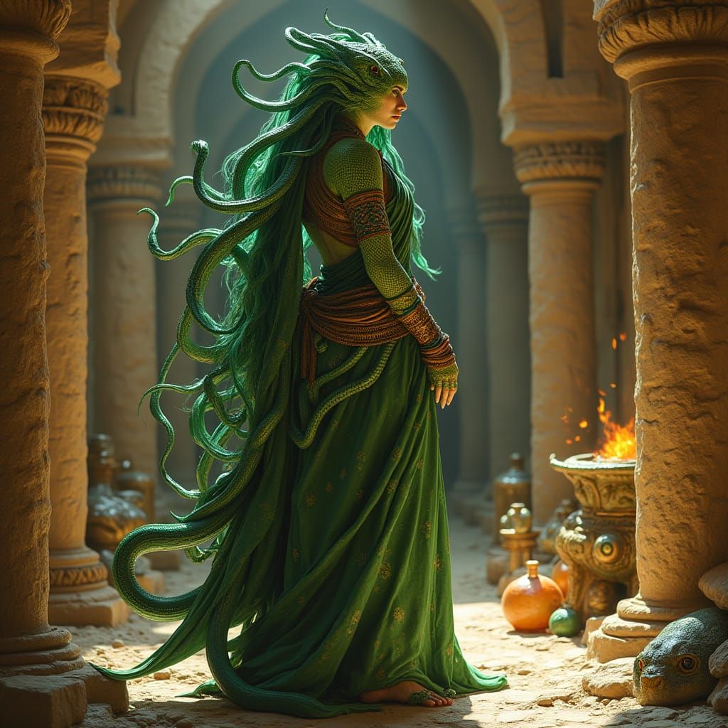 Middle Eastern Woman with Snakes for Hair in Temple