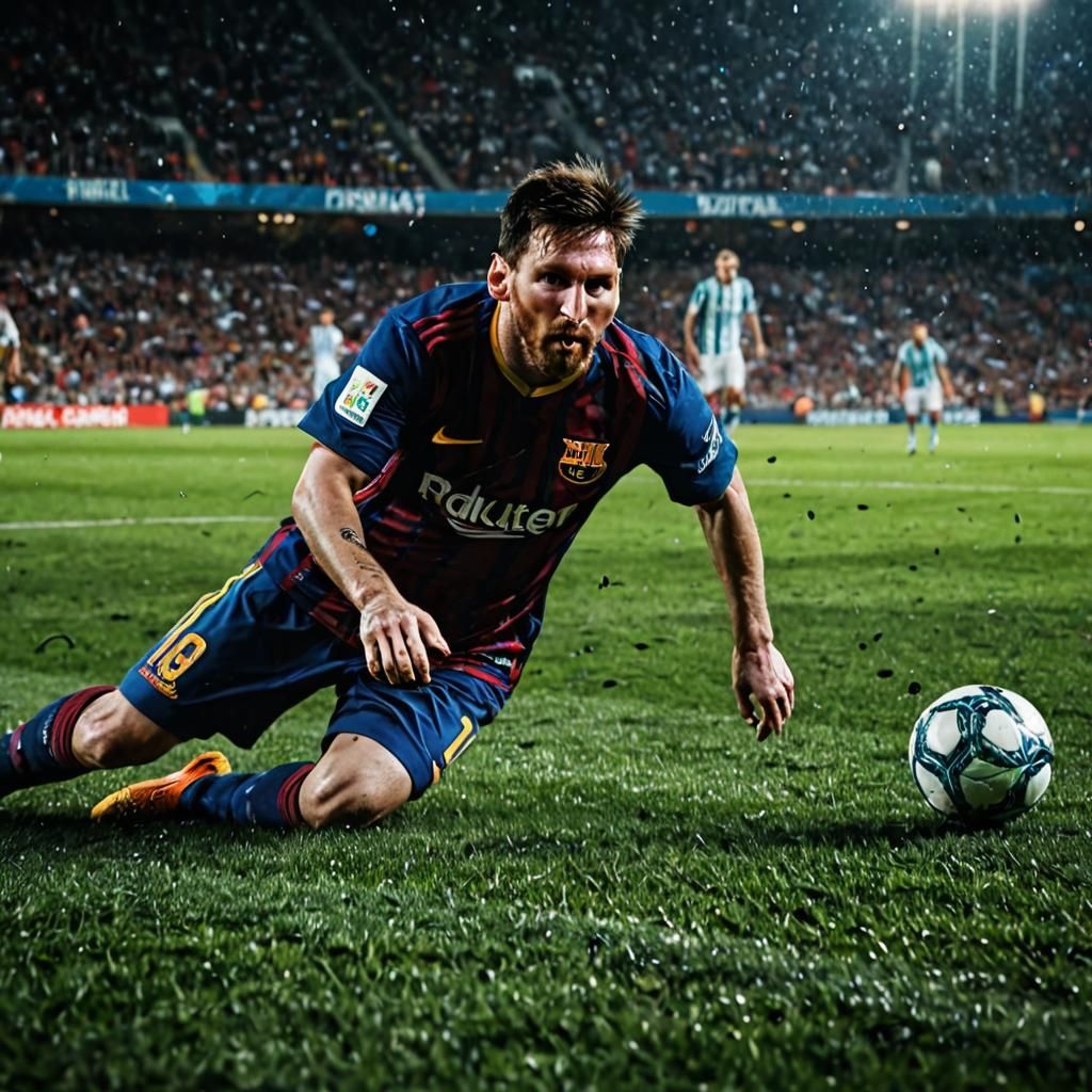 Messi Dribbles Through Defenders in Dramatic Sports Photo
