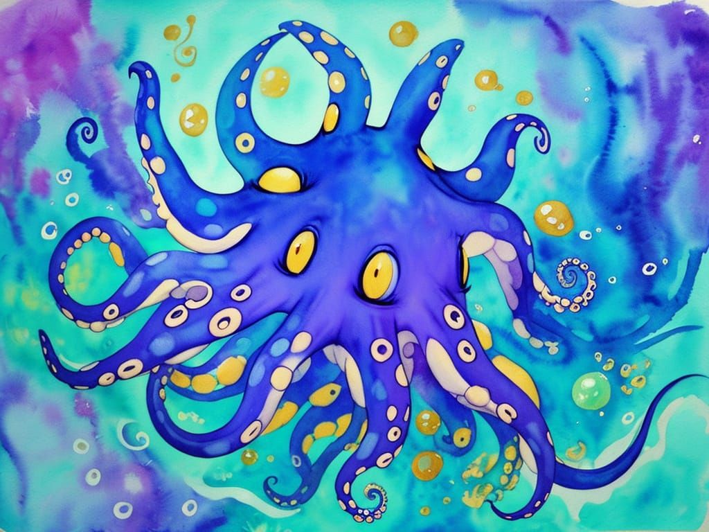 Cute Octopus Underwater in Drippy Watercolor
