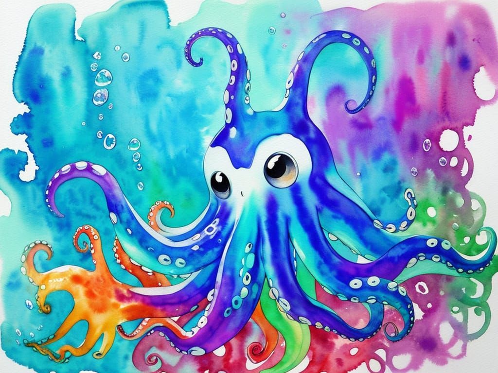 Adorable Octopus in Vibrant Drippy Watercolor Style