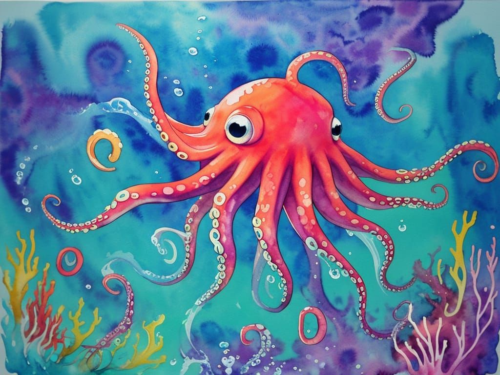 Cute Drippy Watercolor Octopus Underwater