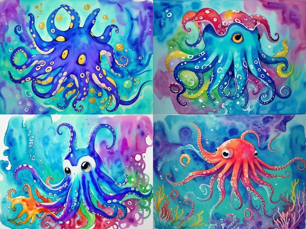 Cute Octopus in Vibrant Drippy Watercolor Style
