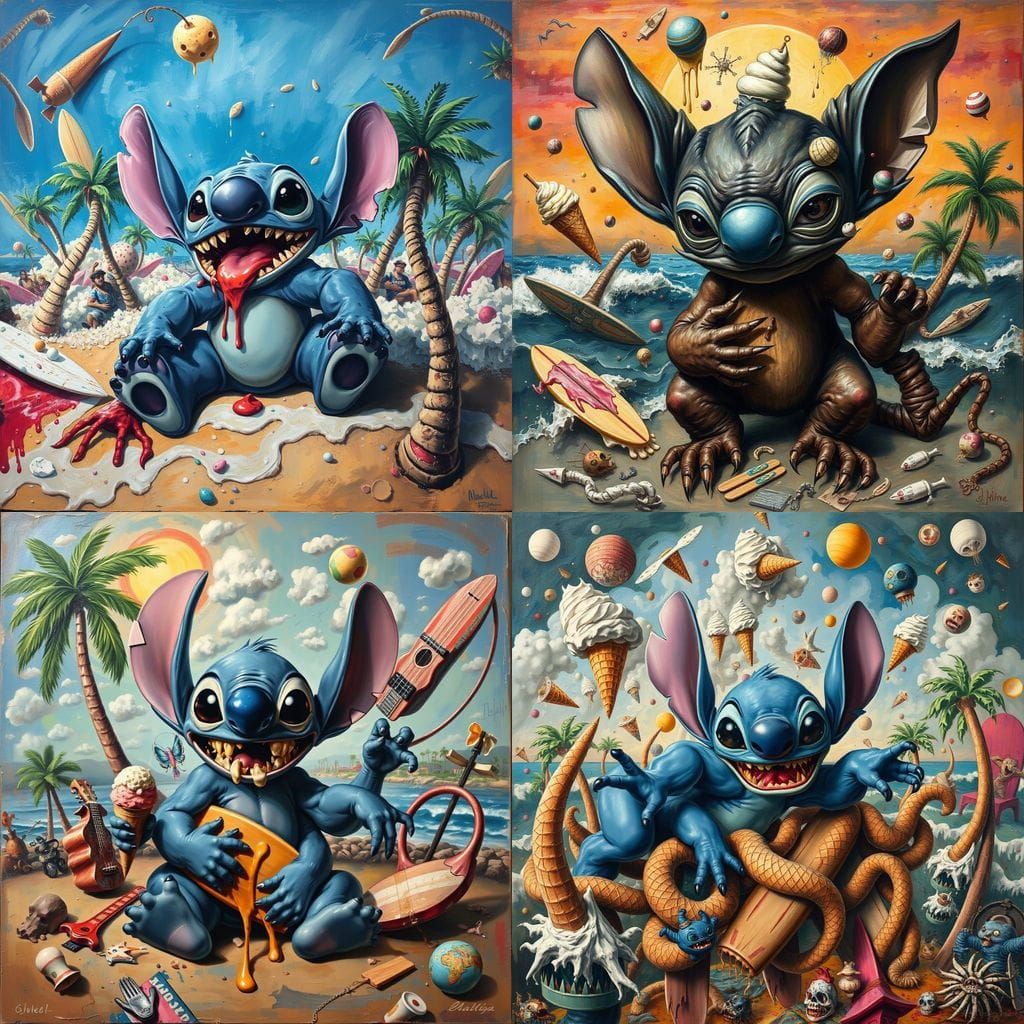 Surrealist Oil Painting of Stitch as Fragmented Surreal Enti...