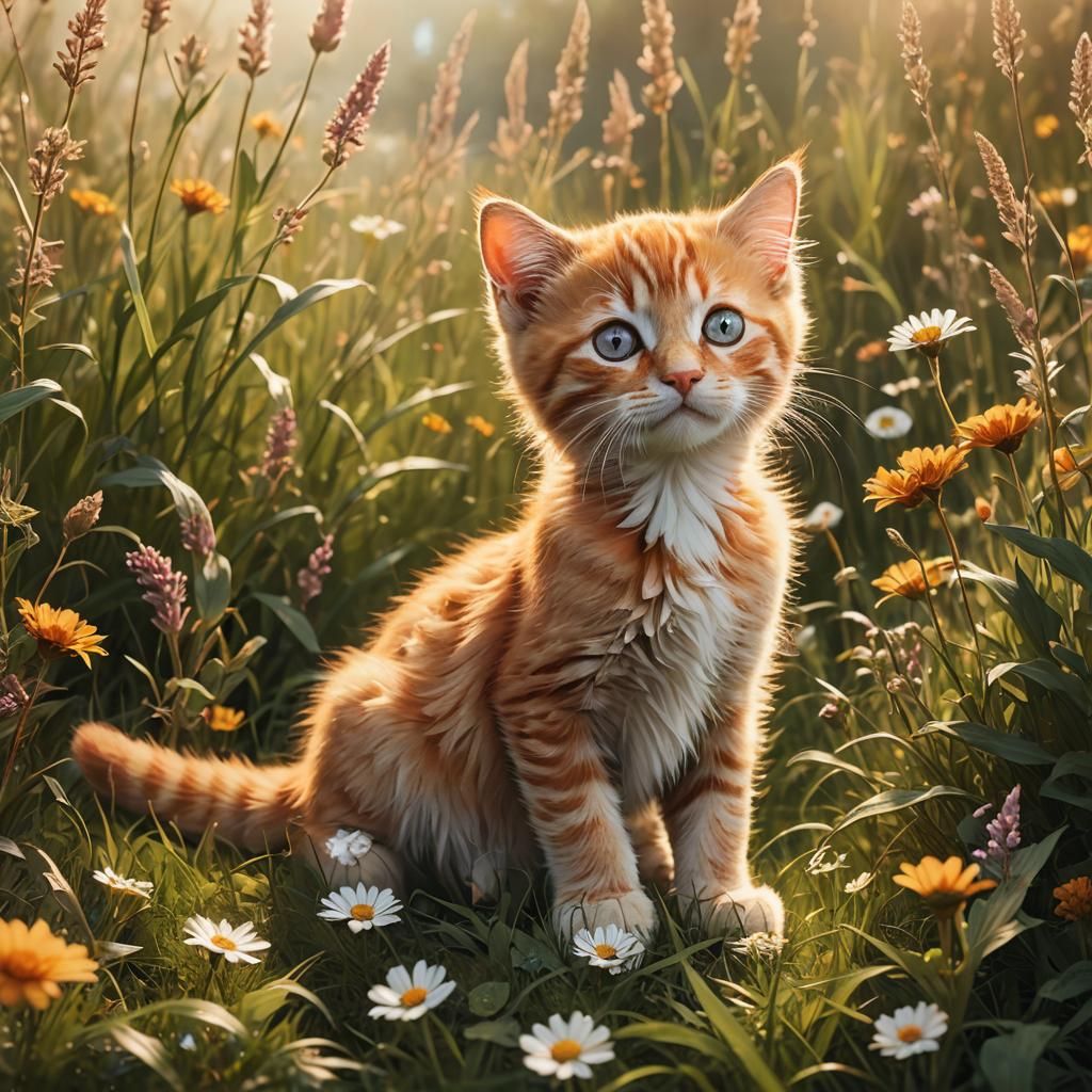 Ginger Kitten in Wildflower Meadow: Fantasy Art