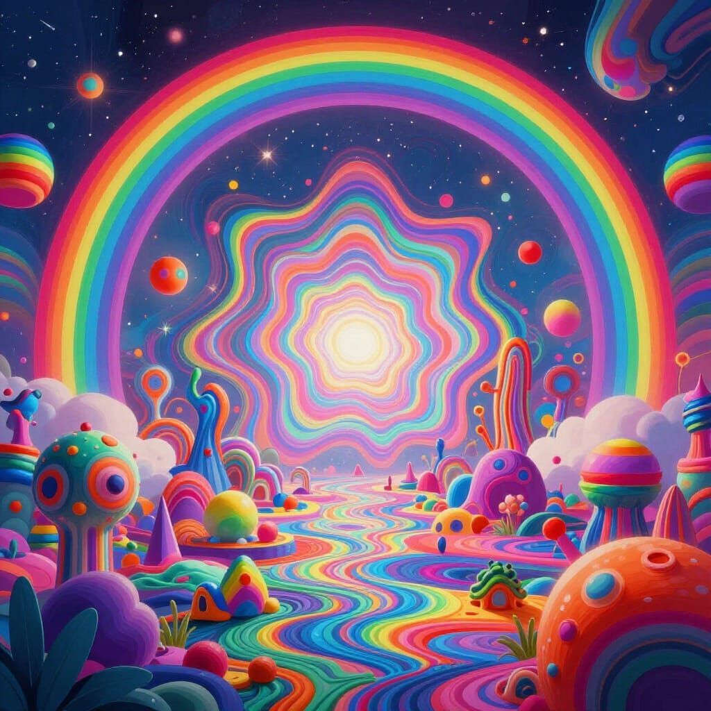 Psychedelic Rainbow Landscape with Surreal Geometric Forms
