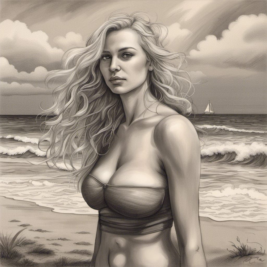 Hyperdetailed Charcoal Drawing of Woman on Beach