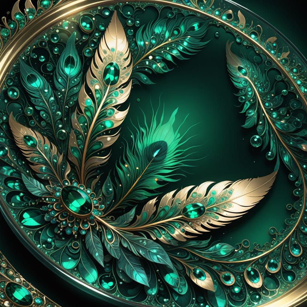 Emerald Pool with Floating Feathers: Surreal Digital Art