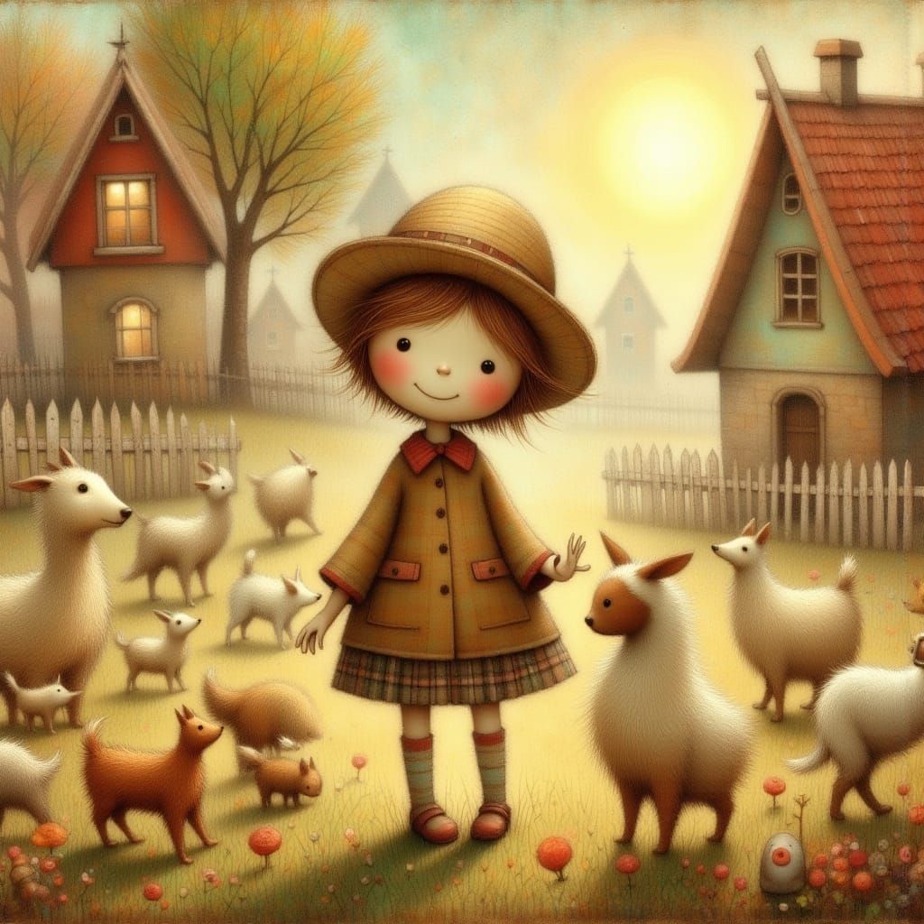 Little Girl with Chicks on Sunny Farm