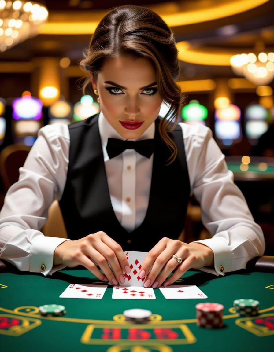 Androgynous Croupier Deals Cards in Dramatic Casino Lighting