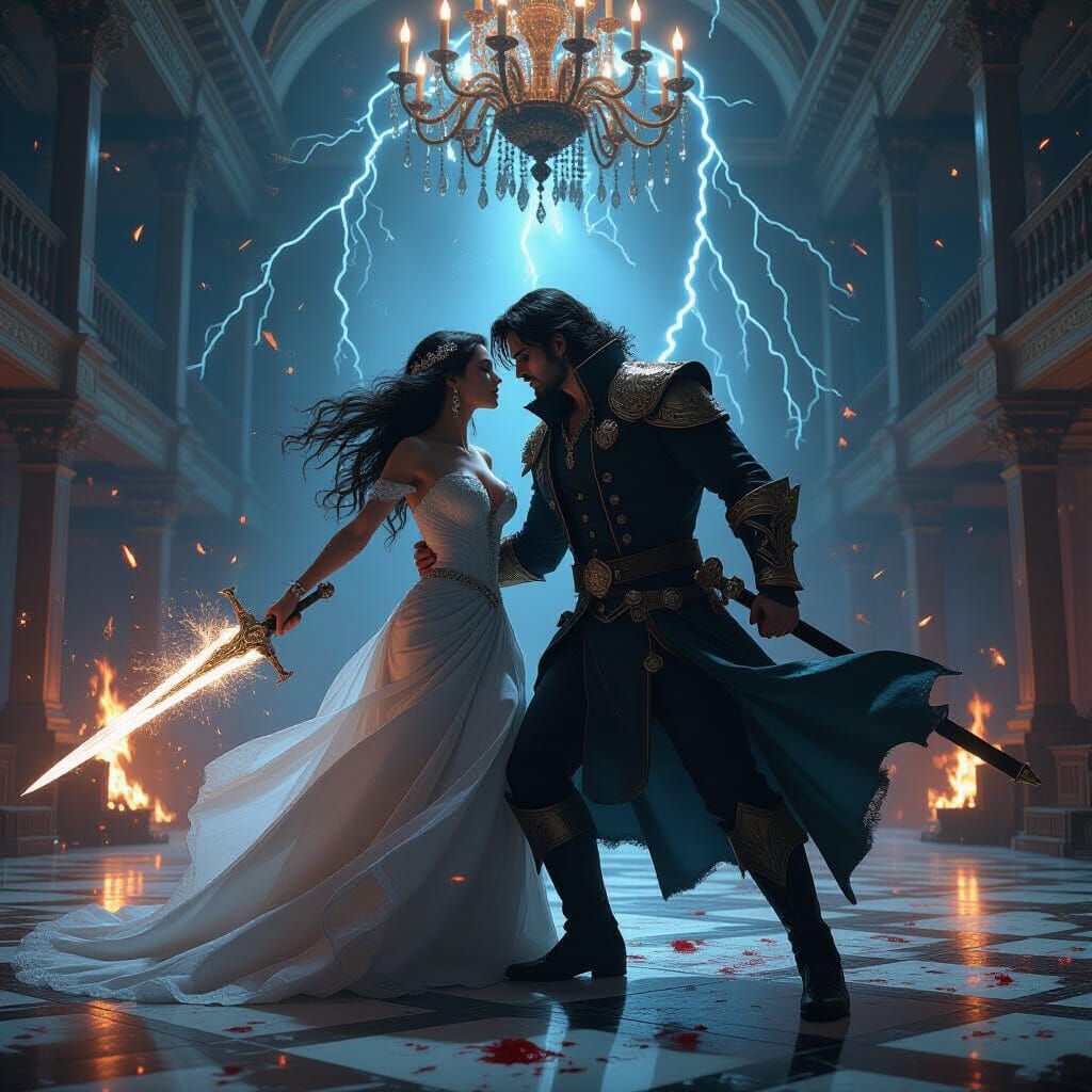 Lovers' Tragic Battle Kiss in Ruined Ballroom