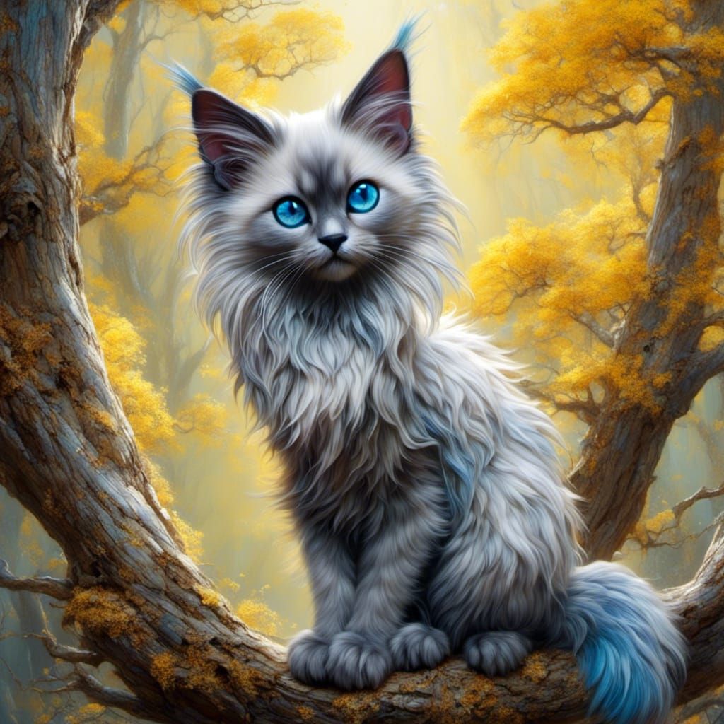 Grey Balinese Cat with Blue Eyes in Watercolor