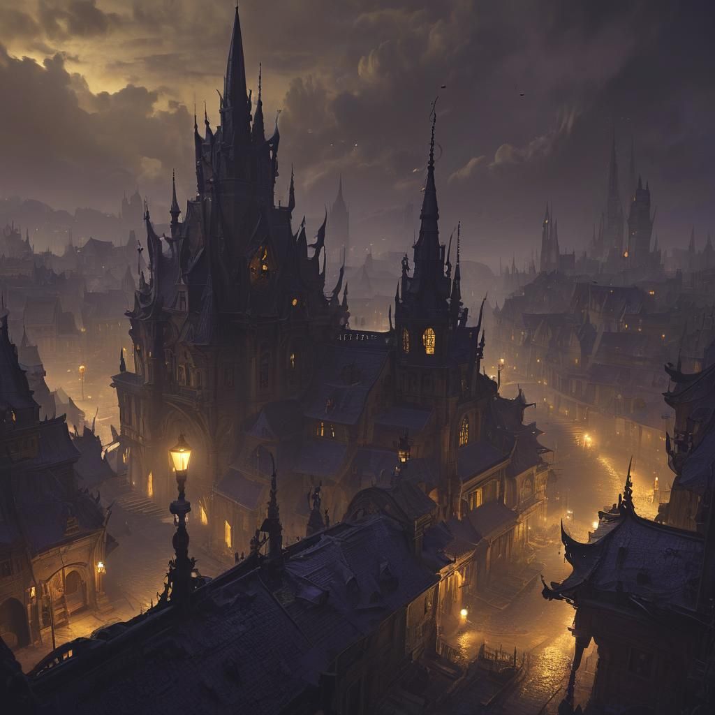 Elfish City Shrouded in Darkness: Dark Fantasy Art