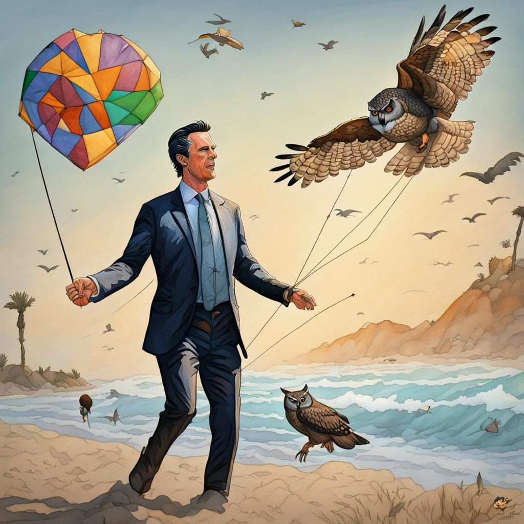 California Governor in Hyperrealistic Kite Flying Scene