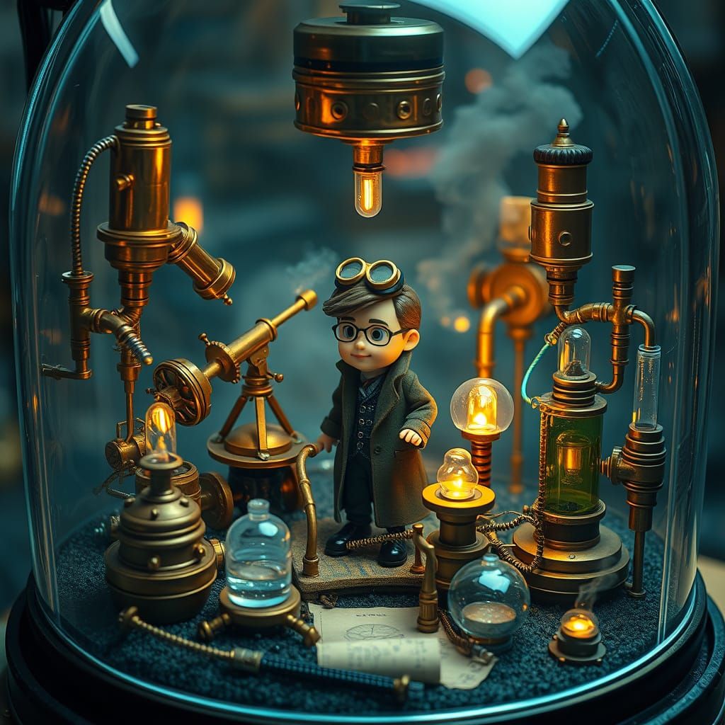 Steampunk Observatory in Terrarium, Hyperrealistic Matte Pai...