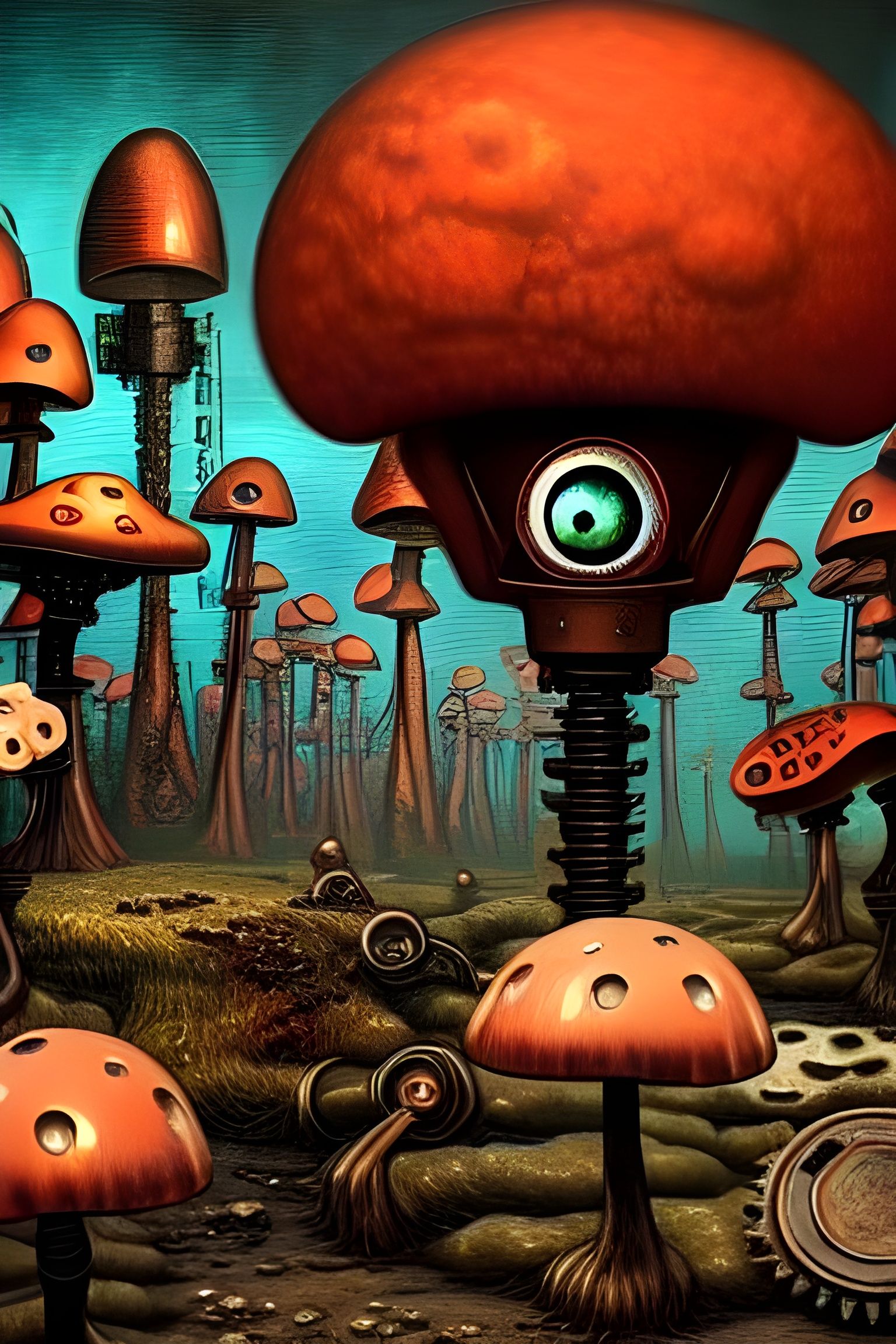 Lots of π!. robotic, with glowing eyes, in a desolate area. steampunk painting, intricate detailed portrait, copper hue...