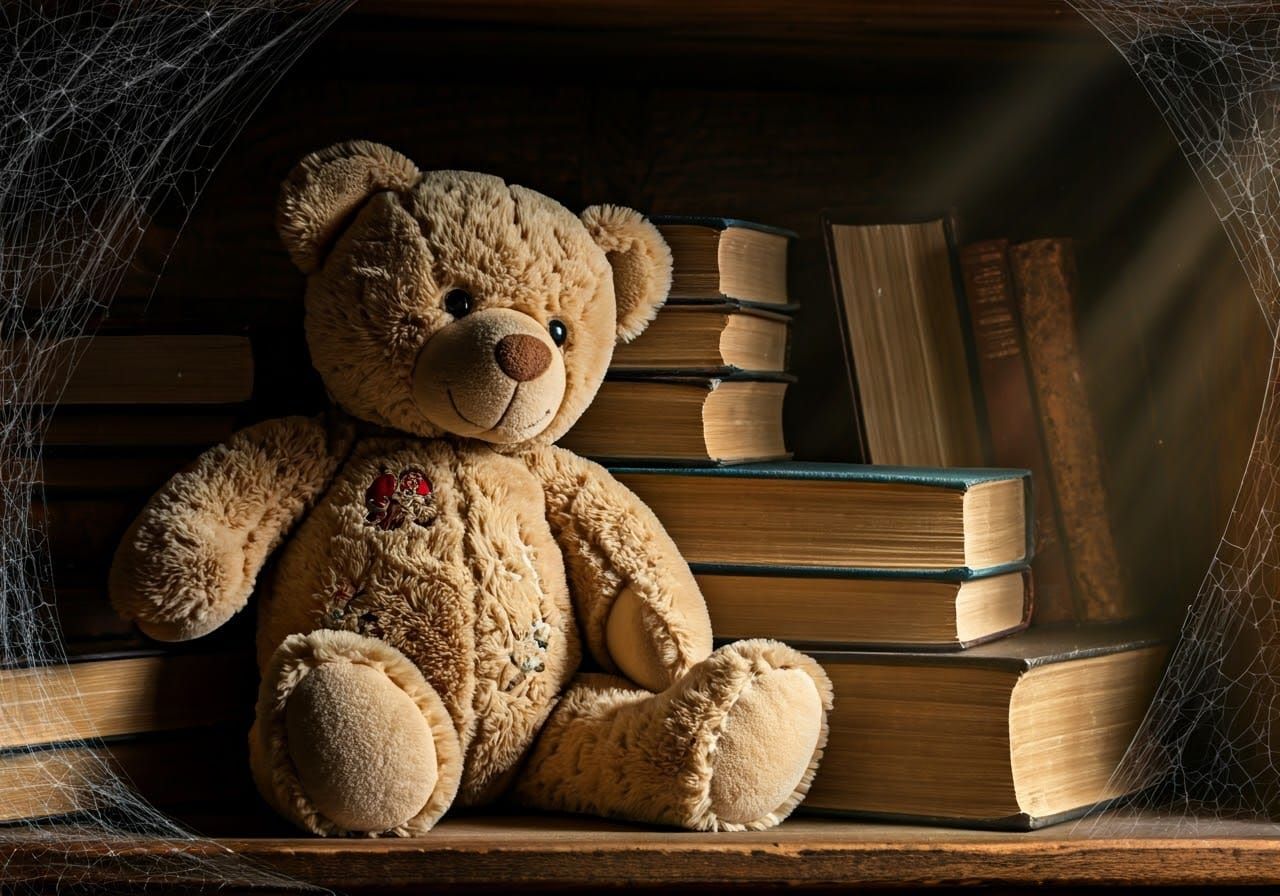 Vintage Teddy Bear on Dusty Bookshelf