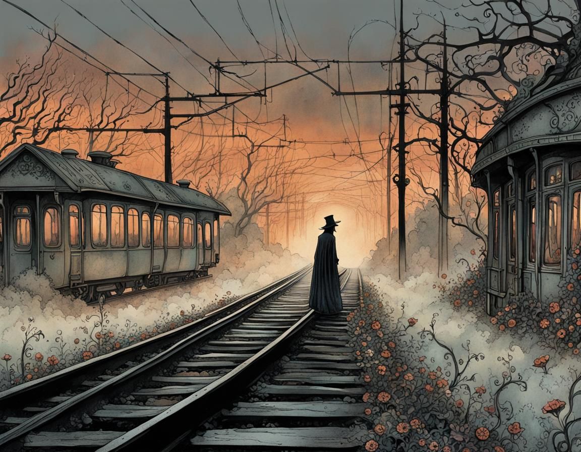 Eerie Train Station in Gris Grimly Style