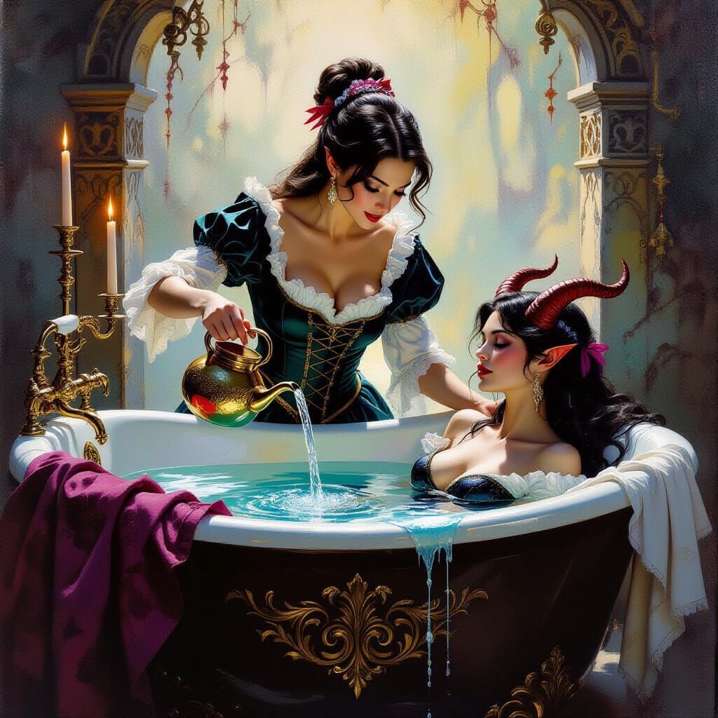 Tiefling Bathing Ritual in Fantasy Oil Painting