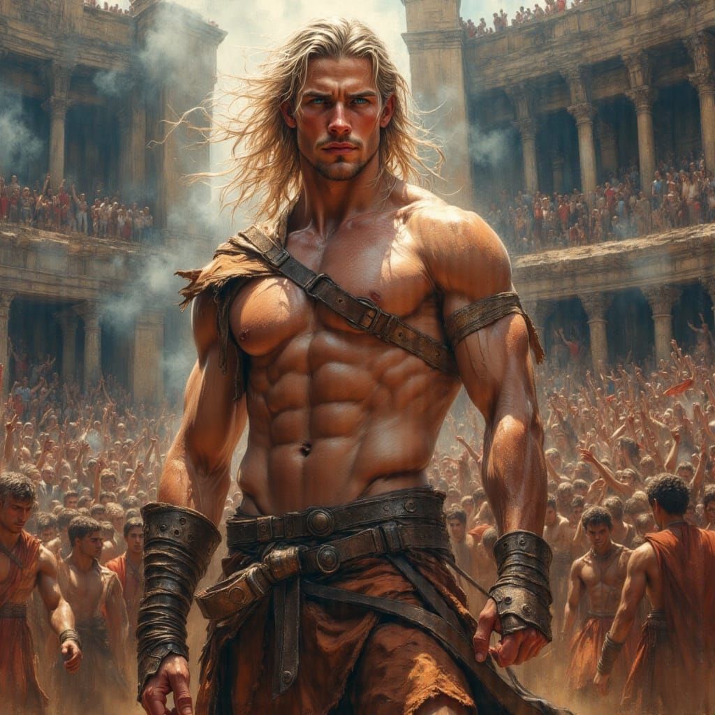 Gladiator in Coliseum as Impasto Oil Painting