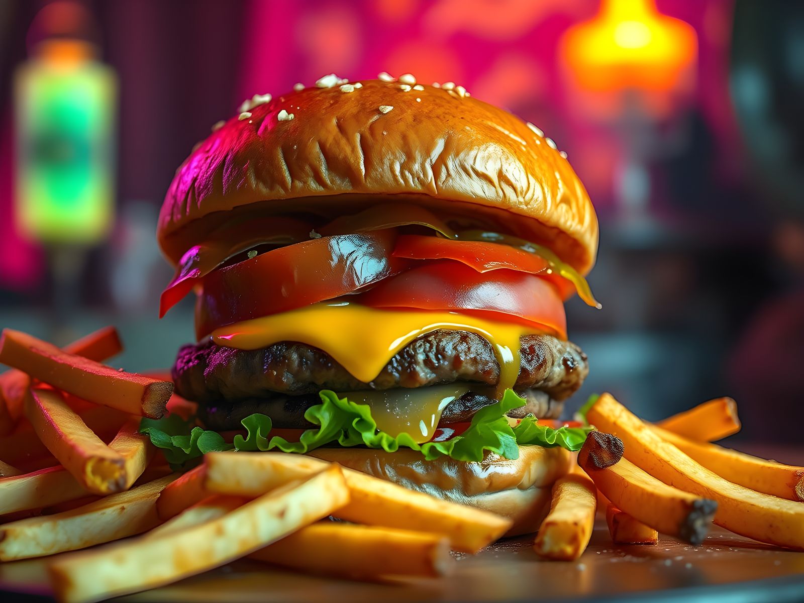 Hamburger and Fries in Detailed Matte Painting