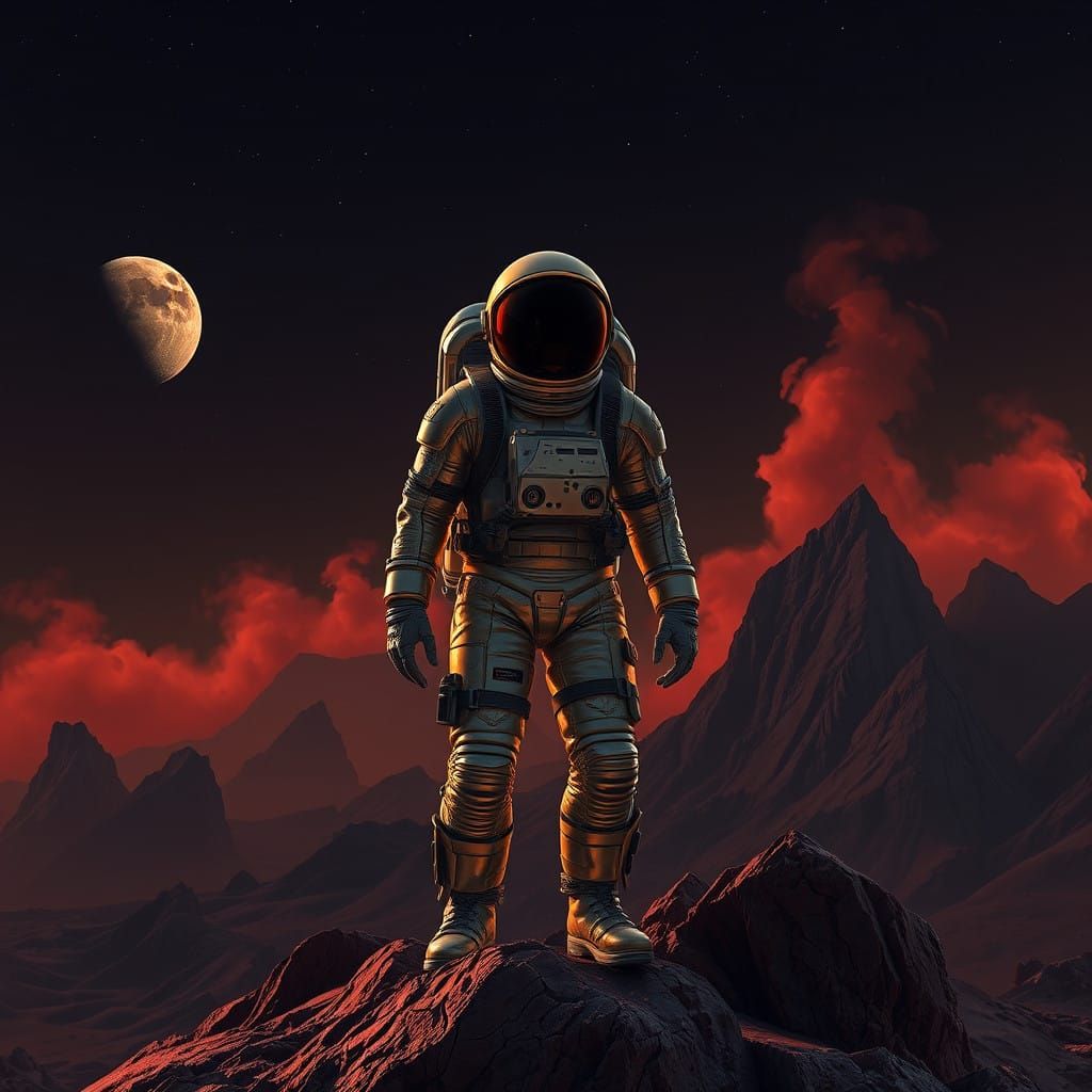 Astronaut Exploring Mars at Night in a Futuristic Metallic S...