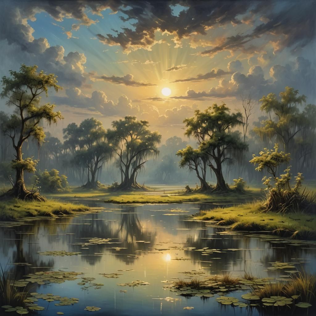 Serene Swamp Landscape with Divine Sunshine
