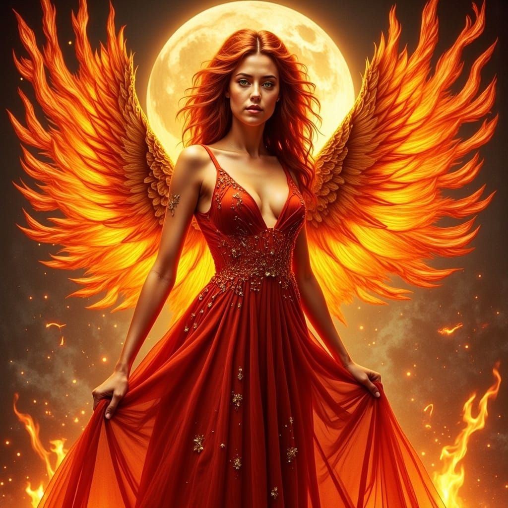 Winged Woman Amidst Flames in Digital Art