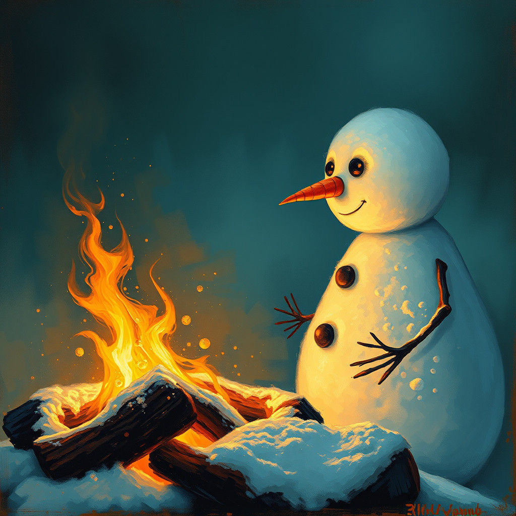 Snowman Mesmerized by Firelight in Rothko Style