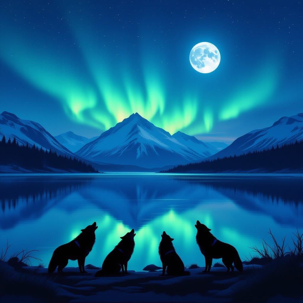 Aurora Borealis Over Mountain Lake with Howling Wolves