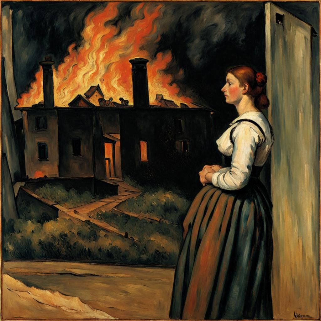 Woman Watches Burning House: Impressionist Painting