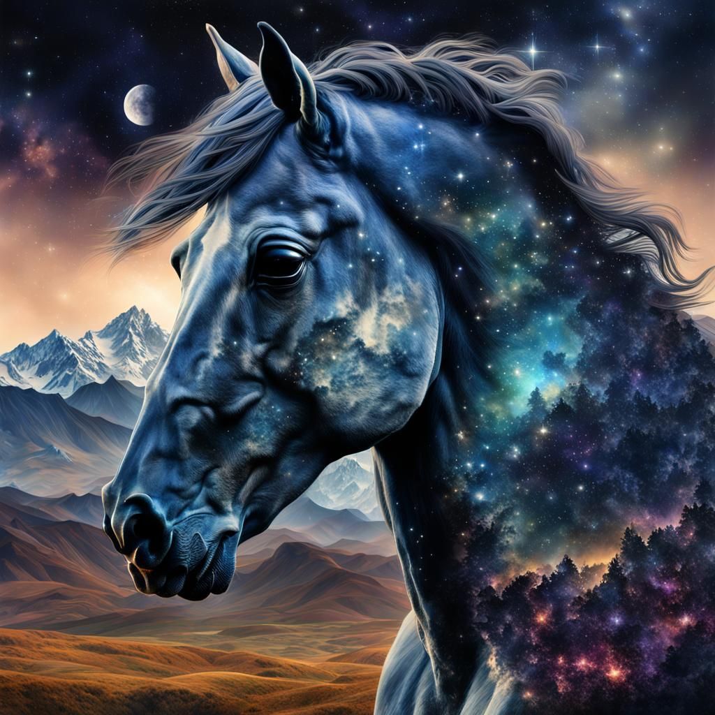 Hyperdetailed Galaxy Horse Head Silhouette in Fractal Style