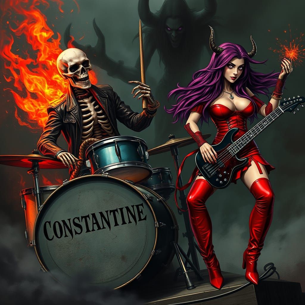 Skeleton Rock Band Performance in HR Giger Style