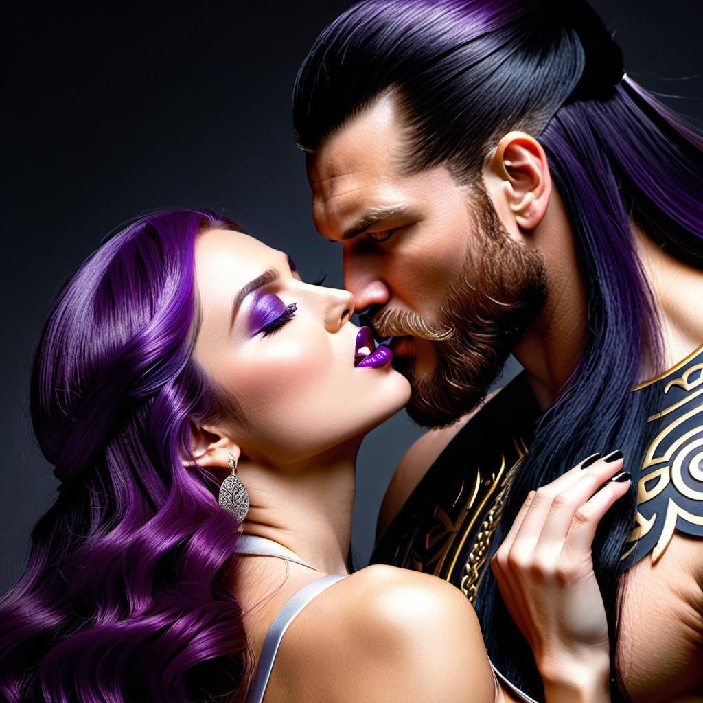 Purple Haired Woman Kisses Viking: Hyperdetailed Portrait