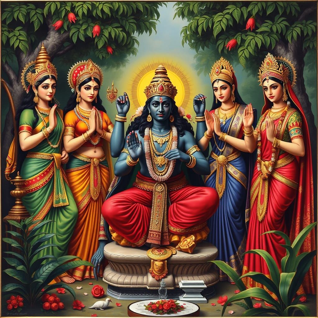 Goddesses Worshiping Siva in Raja Ravi Varma Style