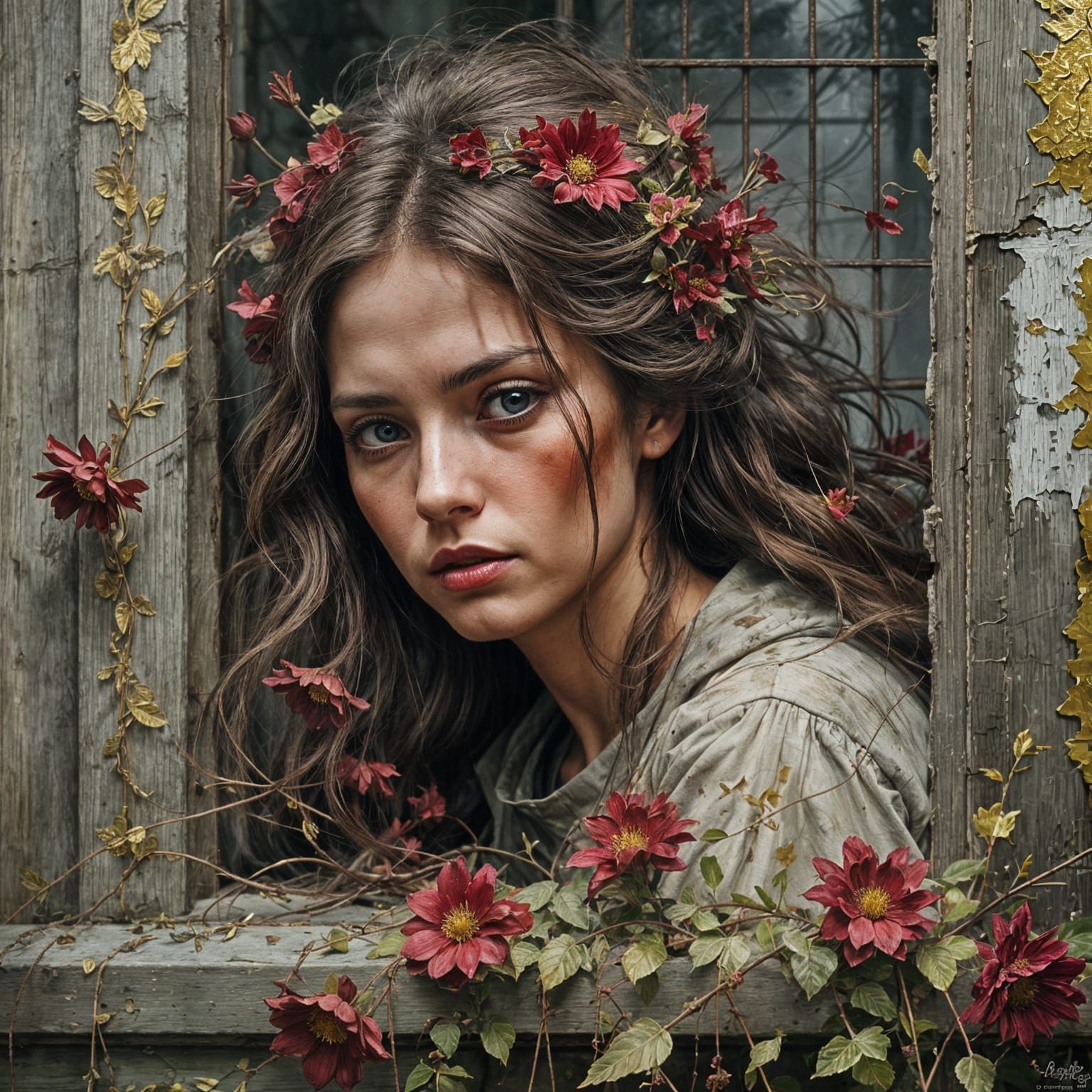 Captive Beauty: Vintage Oil Painting of a Tower Scene