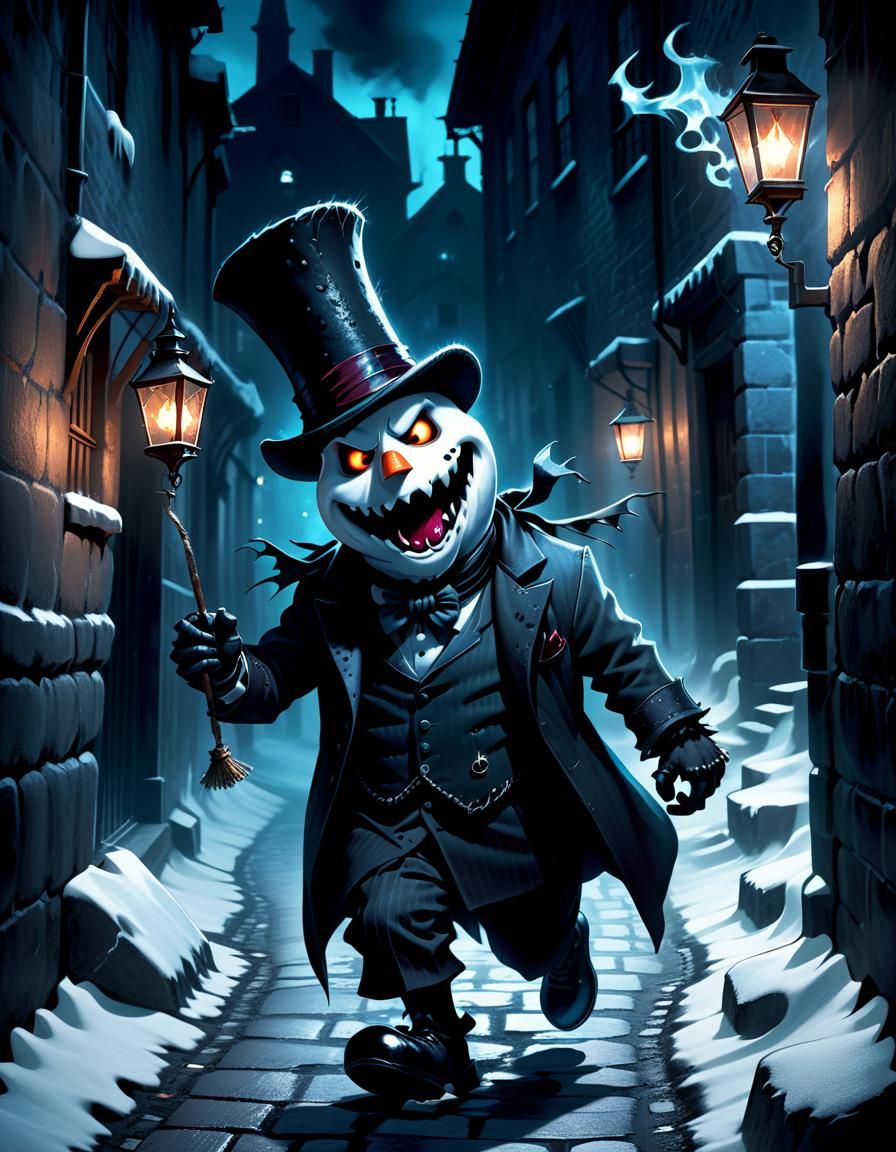 Ethereal Evil Snowman Ramps in Dark Alley