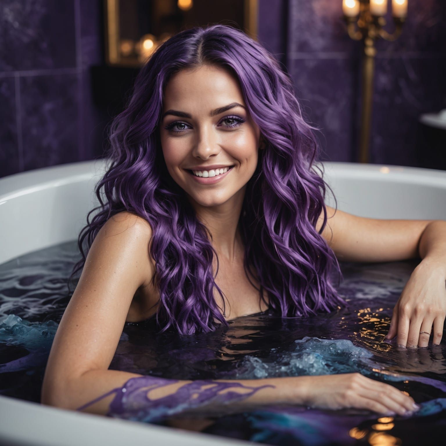 Beautiful Woman with Purple Hair in Sudsy Bath