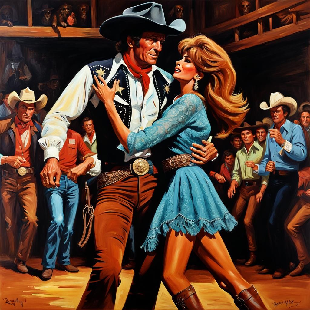 Raquel Welch and Cowboy Dancing, Oil Painting